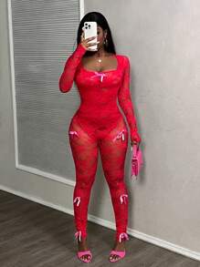 Slaydiva Bộ đồ liền thân ren trong suốt trang trí nơ - Đỏ - Xem 4