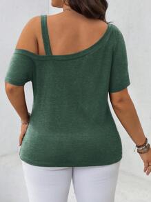 SHEIN LUNE Plus Size Women Solid Asymmetric Collar Short Sleeve Side Button Casual T-Shirt - Dark Green - View 2
