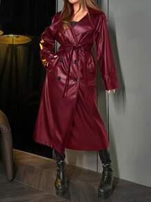 SHEIN Unity 1 件纯色前扣长袖休闲 PU 风衣 - 酒紅色 - 查看 5