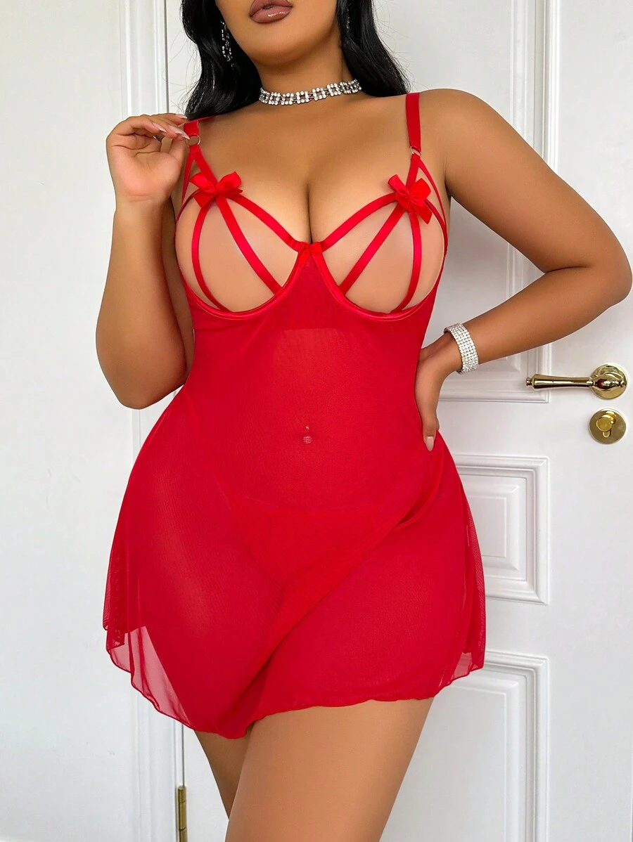 SpicyHot 2 件大码性感内衣套装，包括钢圈胸罩和丁字裤 - 紅色 - 查看 1