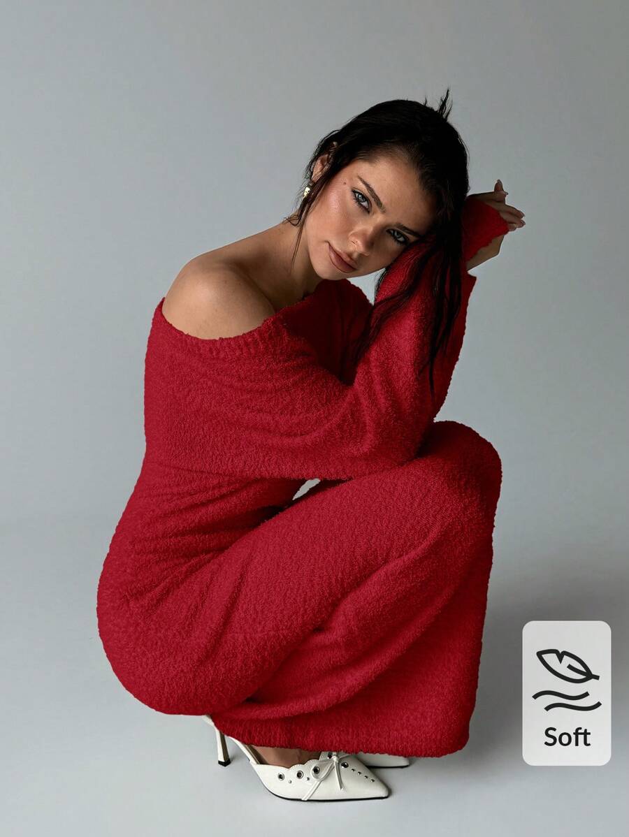 Aloruh Vestido-suéter largo y holgado con hombros descubiertos para mujer, para otoño/invierno