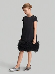 Ontre Tween Girl's Casual Contrast Mesh Splice Dress - Black - View 4