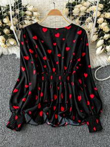 SHEIN Clasi Plus Size Vrouwen Shirred Valentijnsdag Hart Patchwork Colorblock Blouse Peplum Top