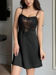 DAZY Lace & Satin Splicing Sexy Mini Slip Dress Lingerie For Women - Black - View 6