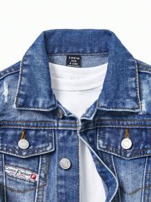 Juego de 2 piezas de chaqueta de jean deslavado con cinta decorativa, y atuendo minimalista cómodo diario de estilo callejero vintage para bebés niños, adecuado para otoño/invierno