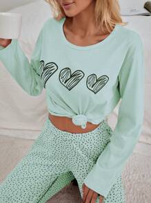 RueChic Set de pijama de 2 piezas de 100% algodón con estampado de corazones