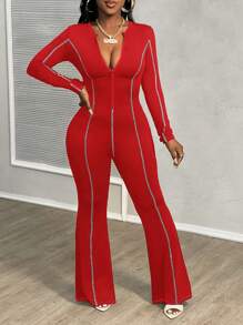 Slaydiva Nuevo mono de mujer entallado de punto negro con cuello redondo, cierre de cremallera central delantero, mangas largas, pantalones acampanados y decoración de líneas blancas en contraste, estilo casual y deportivo para mujeres y jóvenes