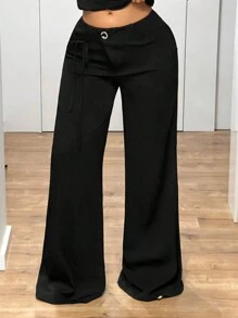 SHEIN ICON Pantalones largos y sexy con cintura extra baja, asimétricos y con cordones de encaje - Negro - Ver 3