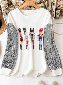 SHEIN LUNE Plus Size Sequin Decor Minimalist Casual Sweatshirt, Fashionable For Everyday Wear Pullover Fall - Silver - View 1