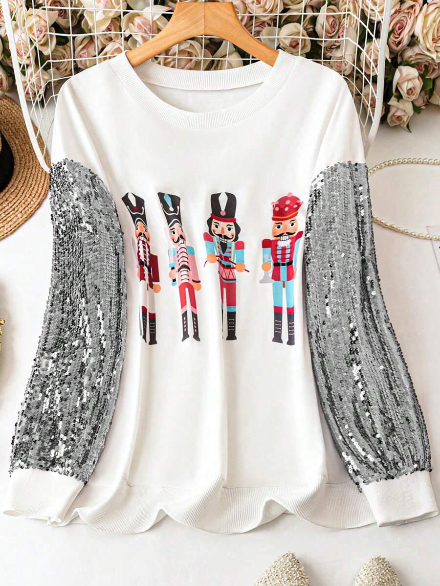 SHEIN LUNE Plus Size Sequin Decor Minimalist Casual Sweatshirt, Fashionable For Everyday Wear Pullover Fall - Silver - View 1