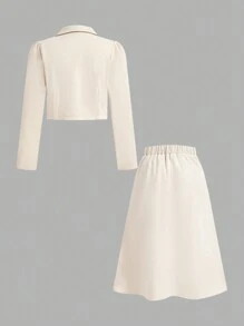 SHEIN Explorewe Setelan 2 Potong untuk Anak Perempuan Remaja: Jaket Lengan Panjang Berkerah Warna Polos dengan Kancing Ganda & Rok Mini, Musim Gugur - Aprikot - View 2