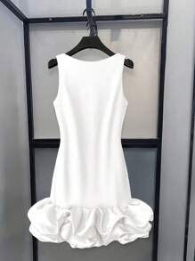 INAWLY Women's Solid Color Round Neck Sleeveless Ruffle Hem Elegant Short Dress - White - View 3