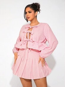 SHEIN SXY Plus Size Women Plaid Cardigan With Tie Cuffs And Plaid Pleated Mini Skirt 2 Pieces Set