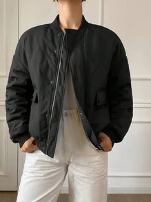 SHEIN Frenchy 女士纯色落肩长袖拉链棒球领休闲短款冬季夹克 - 黑色 - 查看 3