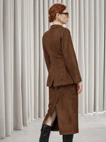 SHEIN Privé Women's Faux Suede Fur Collar Long Sleeve Jacket And Long Skirt Elegant 2 Pieces Set Fall Cloth For Women - Brown - View 2