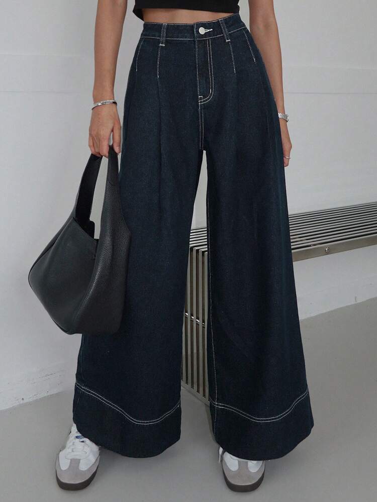 Women's Casual Wide Leg Jeans With Outer Stitching
