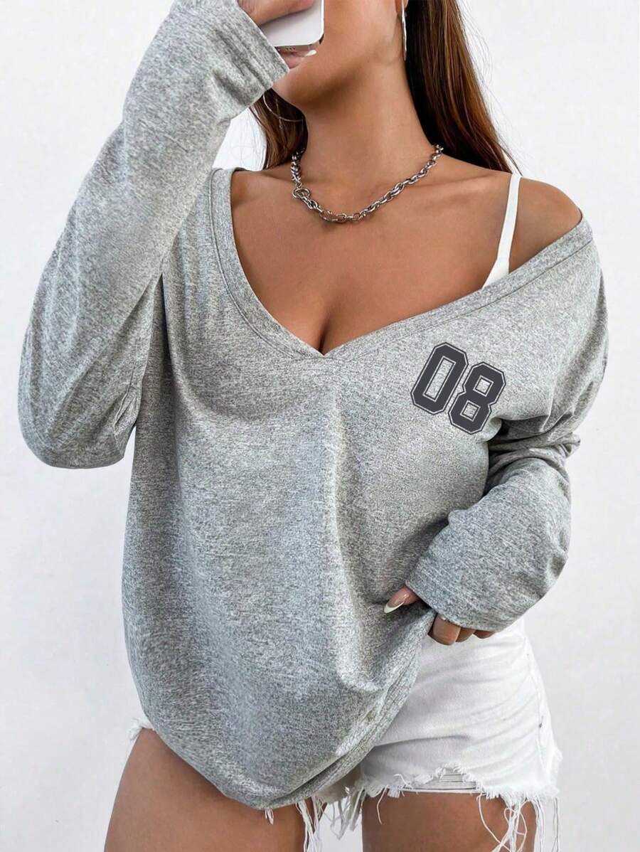 Flirla 大码女式数字印花性感V领长袖T恤图案T恤女式春秋季上衣女装 - 淺灰色 - 查看 1
