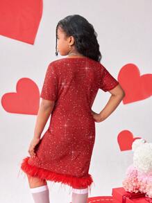 Vestidos para niñas preadolescentes - Vestido de manga corta con empalme, cuello de piel sintética y tela brillante en rojo elegante y de estilo callejero para niñas preadolescentes. Con un diseño glamoroso y encantador, adecuado para fiestas de Año Nuevo, salidas, San Valentín y todas las estaciones.