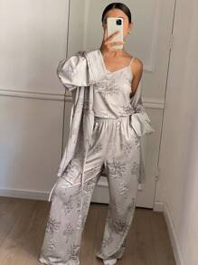 DAZY 3pcs/Set Elegance Tree Pattern Printed Robe With Camisole & Long Pants Pajama Set - Khaki - View 3