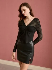 MOTF PREMIUM CONTRAST LACE CUP DETAIL T-SHIRT - Black - View 7