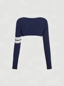 SHEIN MOD Women Navy Blue Cropped Knitted Long Sleeve Cardigan,Sweater,New Years Top - Navy Blue - View 2