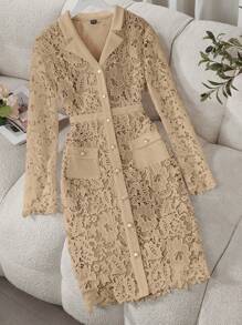 SHEIN Lady Spring And Summer Wedding Guest Dress  Elegant  Long Sleeve Contrast Lace Women Dresses - Apricot - View 3