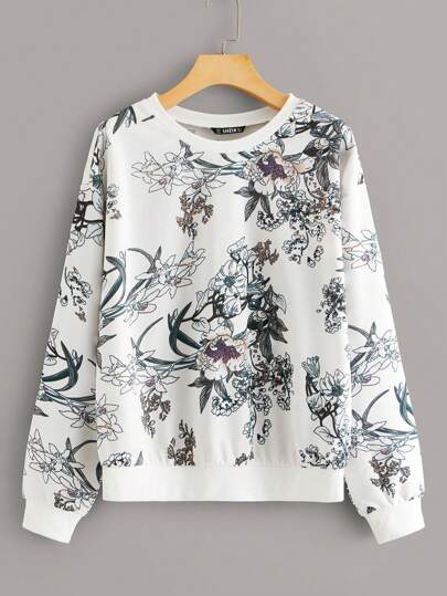 SHEIN LUNE Botanical Print Sweatshirt,Long Sleeve Tops In Fall/Winter