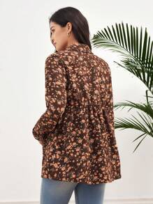 SHEIN Blusa de manga larga con estampado floral, botones y cuello de solapa para maternidad