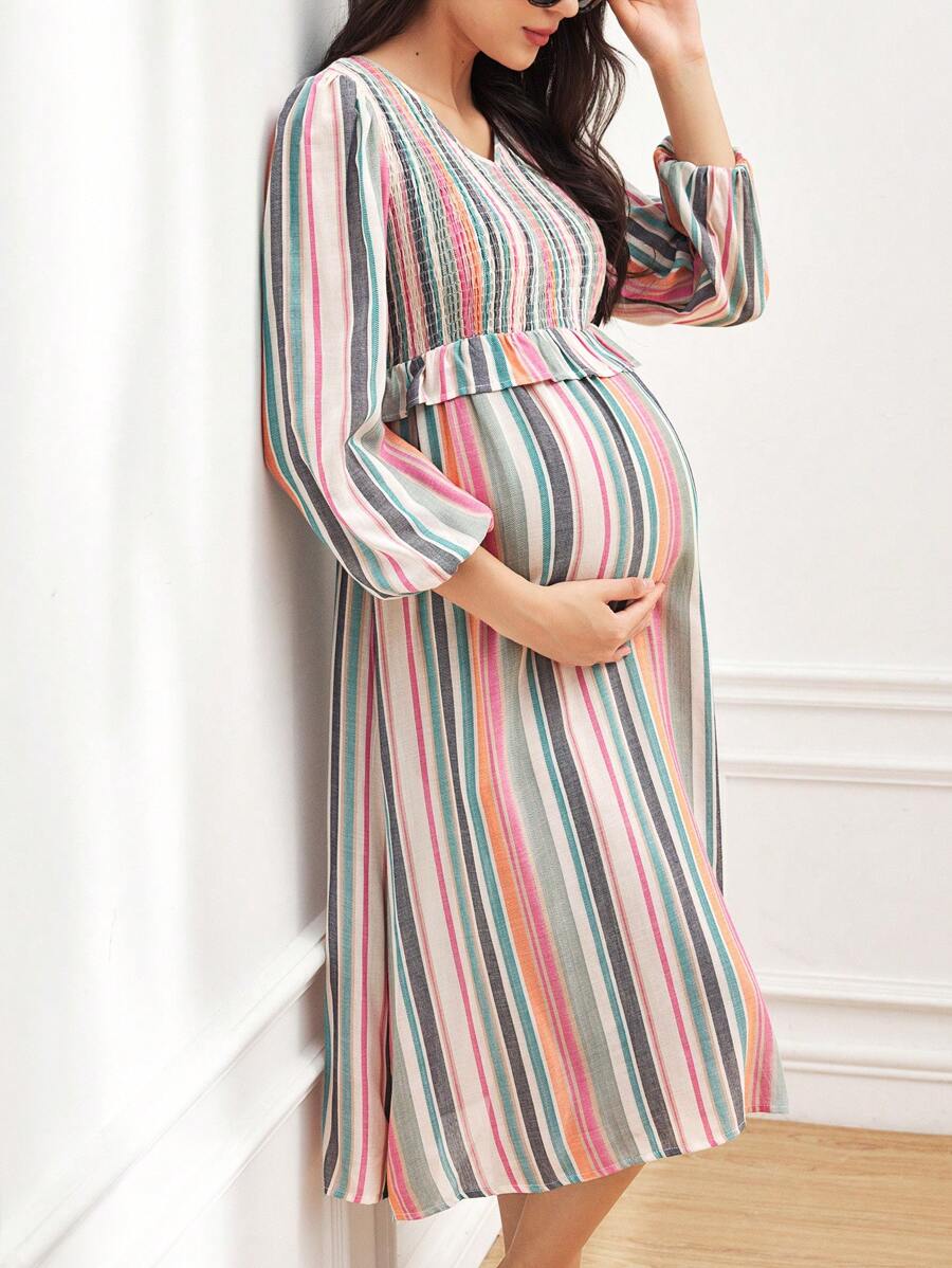 SHEIN 1 件孕妇泡泡袖条纹连衣裙，彩色 - 彩色 - 查看 1