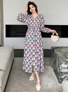 DAZY Women's V-Neck Geometric Print Lantern Sleeve High Slit Mid-Length Dress,Fall Dress Long Sleeve Dress - Multicolor - View 3