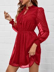 SHEIN Clasi Women's Frill Tie Neck Long Sleeve Elegant Short Dress - Red - View 3