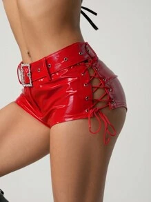 SHEIN ICON Shorts de mujer con encaje calado y cordones, fabricados en PU brillante