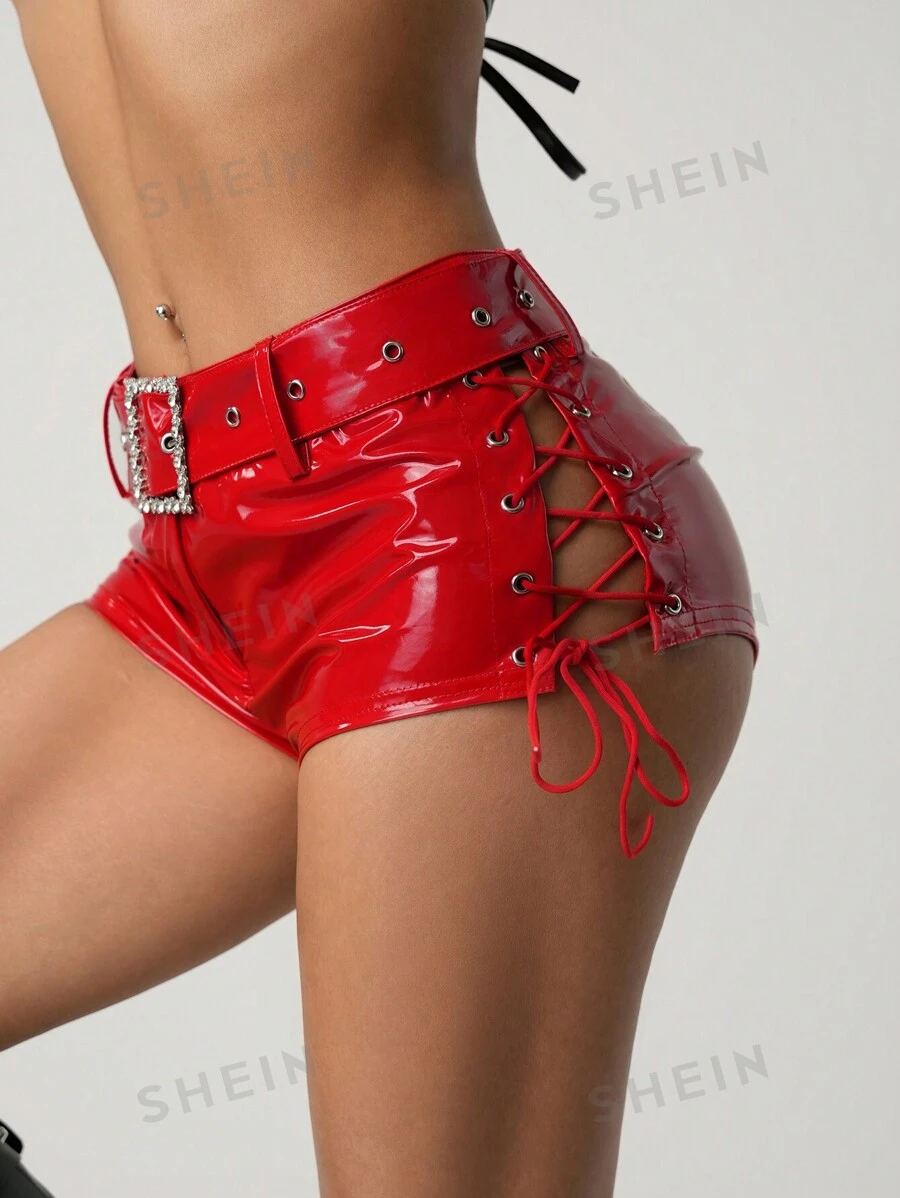 SHEIN ICON Shorts de mujer con encaje calado y cordones, fabricados en PU brillante