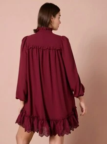 Enchnt Vestido Casual Feminino de Cor Sólida com Babado, Outono - Vinho - Visão 2