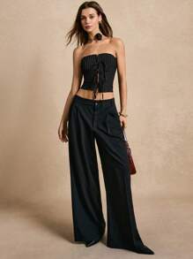 Poéselle Damen Bandeau-Top mit Hakenverschluss, schwarz gestreiftes Crop Top, Büro-Damen-Bandeau mit Vorderbindung, schwarzes Röhren-Top, modische, süße Oberteile, lässige Damen-Tops, schwarzes Korsett-Top, Club-Damen, Vintage-Winter-Damenbekleidung, Damen-Korsett-Tops, Winter-Damen, schwarze, mühelos elegante Essentials