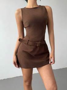 Aloruh Vestido mini acampanado de mujer en pana cepillada, con escote de barco, sin mangas, hombros descubiertos, y cinturón marrón con hebilla metálica decorativa