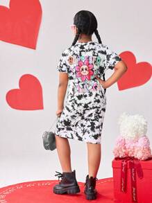 Vestido de camiseta con estampado floral y gráfico colorido de letras para niñas preadolescentes, moda y tendencia, apto para la escuela, viajes y uso en todas las estaciones