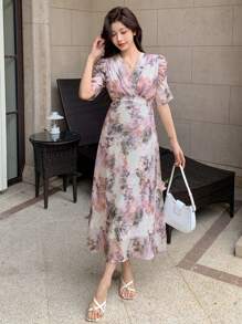 DAZY V-Neck Floral Print Puff Sleeve Mid-Length Dress For Women