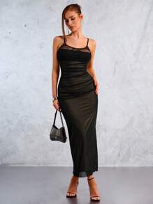 SHEIN SXY 女士撞色蕾丝网布荷叶边修身超长吊带裙 - 黑色 - 查看 3