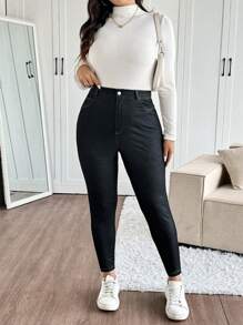 SHEIN Frenchy Plus Size Women's Black Pocketed Skinny Casual Pants, Versatile