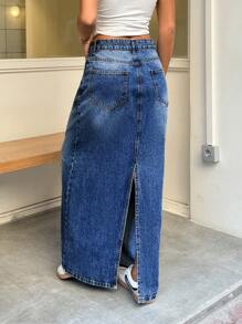 EURMUSE 100% Cotton WOMEN MID WAIST MAXI SKIRT - Dark Wash - View 2