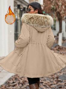 Calvaya Manteau rembourré à zip avec capuche en peluche et empiècement, pour vêtements d'hiver, grande taille