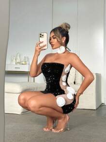 SHEIN SXY Sexy And Elegant Lady Rose 3D Floral Bandeau Black Dress, Suitable For Valentine's Day Date - Black - View 4