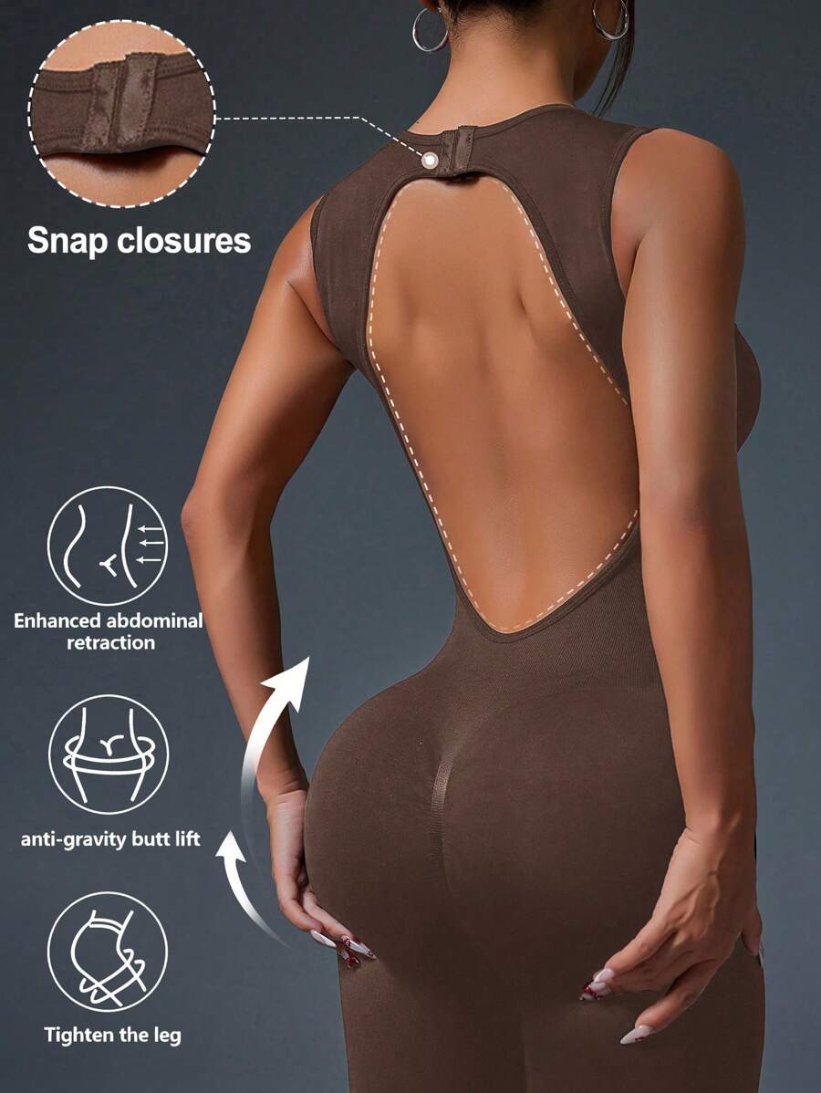 Gameset SHEIN Sport 1pc Women Solid Color Round Neck Daily Yoga/Fitness Jumpsuit With Backless Hollow-Out Design - Brown - View 1