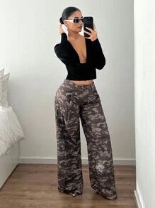 SHEIN ICON 女士口袋低腰迷彩宽松阔腿裤 - 卡其色 - 查看 5