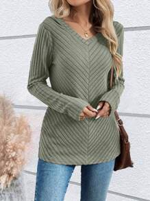 SHEIN LUNE Women's Autumn/Winter Raglan Sleeve Hoodie T-Shirt, Front Distressed Panel, Side Pockets, Casual Loose Fit