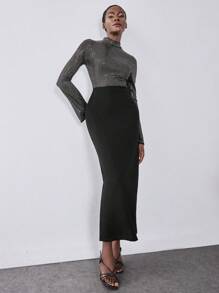 SHEIN Unity Abito elegante dritto in maglia metallica di lusso, abito lungo elegante e lucido, abito aderente a collo tondo, abito aderente con scollo a V e maniche a campana con paillettes, abito da festa per feste di vacanza, vestito lungo da donna per l'autunno - nero - Visualizzare 3