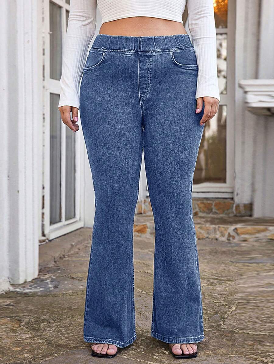 EURMUSE 大码弹力腰斜口袋洗水喇叭腿牛仔裤，秋季 - 淺色水洗藍 - 查看 1