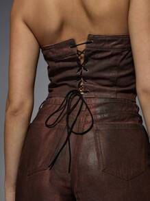 MISSGUIDED Wax Coated Denim Corset Top - Burgundy - View 5