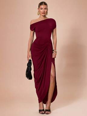 SHEIN BAE Women's Elegant Party Dress, Black Elastic Knit Comfortable Ruched Detail Draped Asymmetrical Hem Midi Dress, Suitable For Cocktail Party, Romantic Date, Autumn/Winter Layering, Party, Club, Formal Gathering, Halloween, Christmas